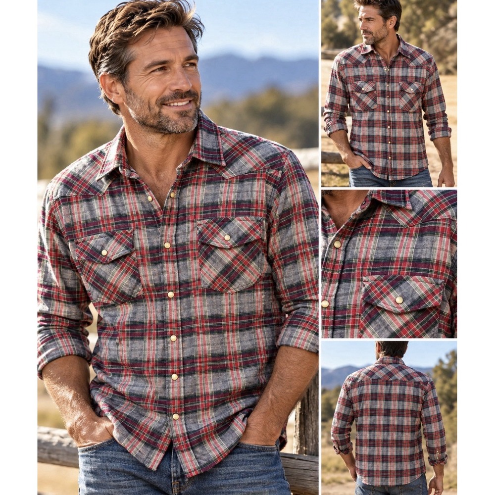 Northwest Territory Men's XL Red Blue Plaid Western Shirt Pearl Snap Cotton